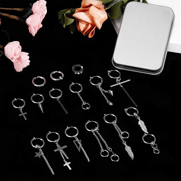 20 Pcs Silver Stainless Steel Non-Piercing Dangle Hoop Earrings for Men, Gift Bo - Picture 7 of 7